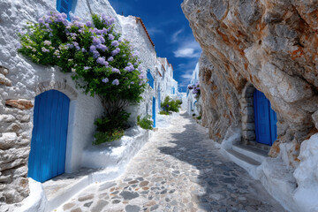 Naklejka premium Charming narrow street with blue doors and vibrant flowers in a Greek village