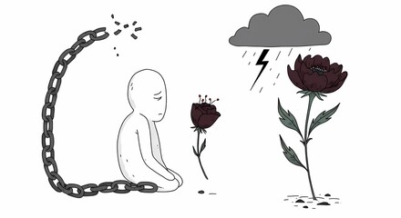 Fototapeta premium Minimalist Illustration of Sad Person with Broken Chain and Growing Dark Flowers Under Stormy Cloud
