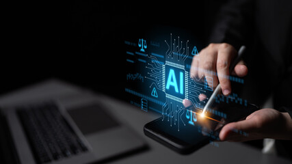 AI circuit microchip with glowing blue lines, surrounded by legal scales, warning symbols, data...