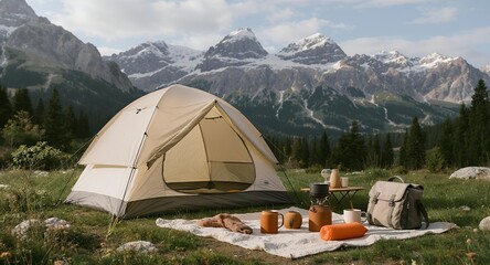 Camping scene in mountainous landscape with tent and equipment