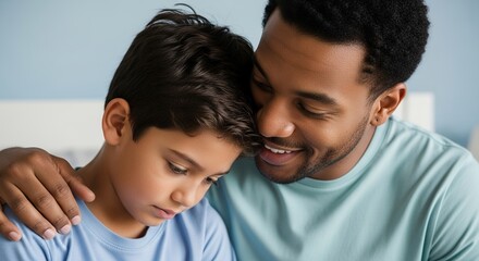 Closeup of a loving father and son embracing