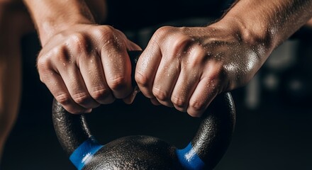 Closeup of Sweaty Hands Gripping a Kettlebell During Intense Workout