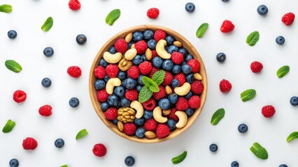 A wooden bowl filled with berries and nuts isolated on white background