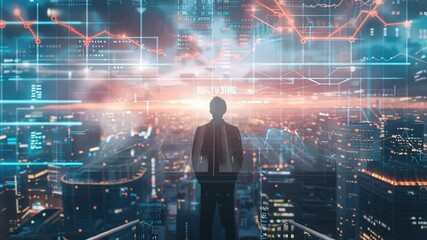 Businessman overlooking futuristic cityscape with financial data overlay - Powered by Adobe