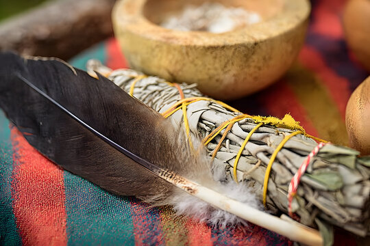 A bundle of sage and an eagle feather are laid out in preparation of a Native American, Indian, or Indigenous smudging ceremony. Pemberton BC, Canada. ..