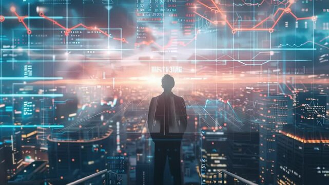 Businessman overlooking futuristic cityscape with financial data overlay - Powered by Adobe