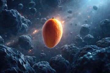 Giant mango floating between asteroids in outer space, surreal proportions, lens flare lighting, cosmic sci-fi theme