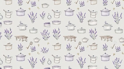 A lavender and silver kitchen scene with pots