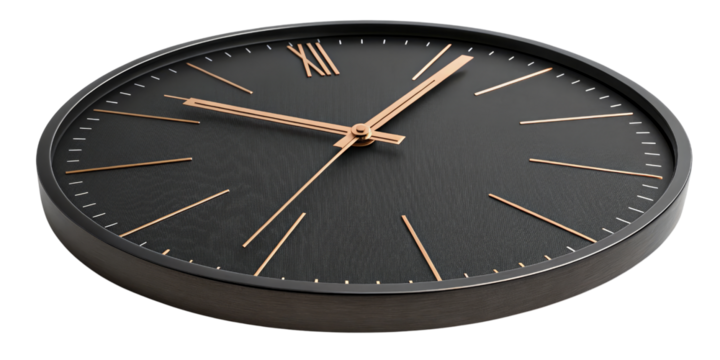 Black and Rose Gold Clock, Isolated on Transparent Background, 3D Render, Timepiece, Clock, Time, Wall Clock - Powered by Adobe
