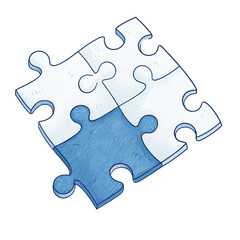 Blue and White Jigsaw Puzzle Pieces, Hand-Drawn Illustration, Isolated on Transparent Background, Jigsaw, Puzzle, Teamwork