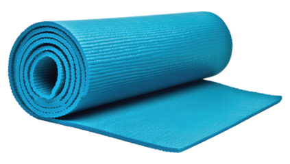 A rolled-up blue yoga mat with a textured surface designed for exercise and stretching.