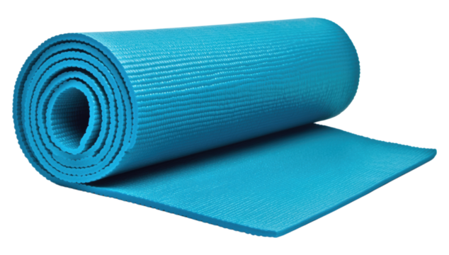 A rolled-up blue yoga mat with a textured surface designed for exercise and stretching.