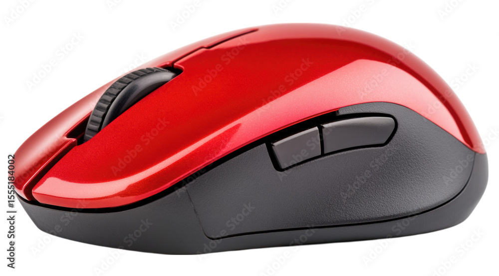 Poster a sleek red and black wireless computer mouse with ergonomic design and side buttons.