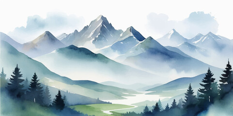 Morning light bathes a snow-capped alpine mountain range, its peaks touching the cloudy sky above a serene valley forest © nur