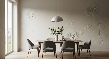 Serene Dining Room with Intricate 3D Floral Wall Art