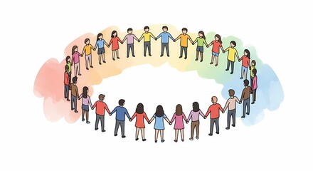 Diverse Group of People Holding Hands in Circle in Bright Watercolor Style