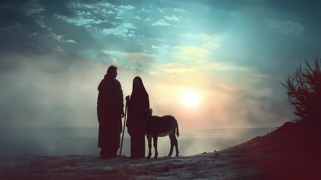 Silhouette of Mary, Joseph, and donkey at sunset