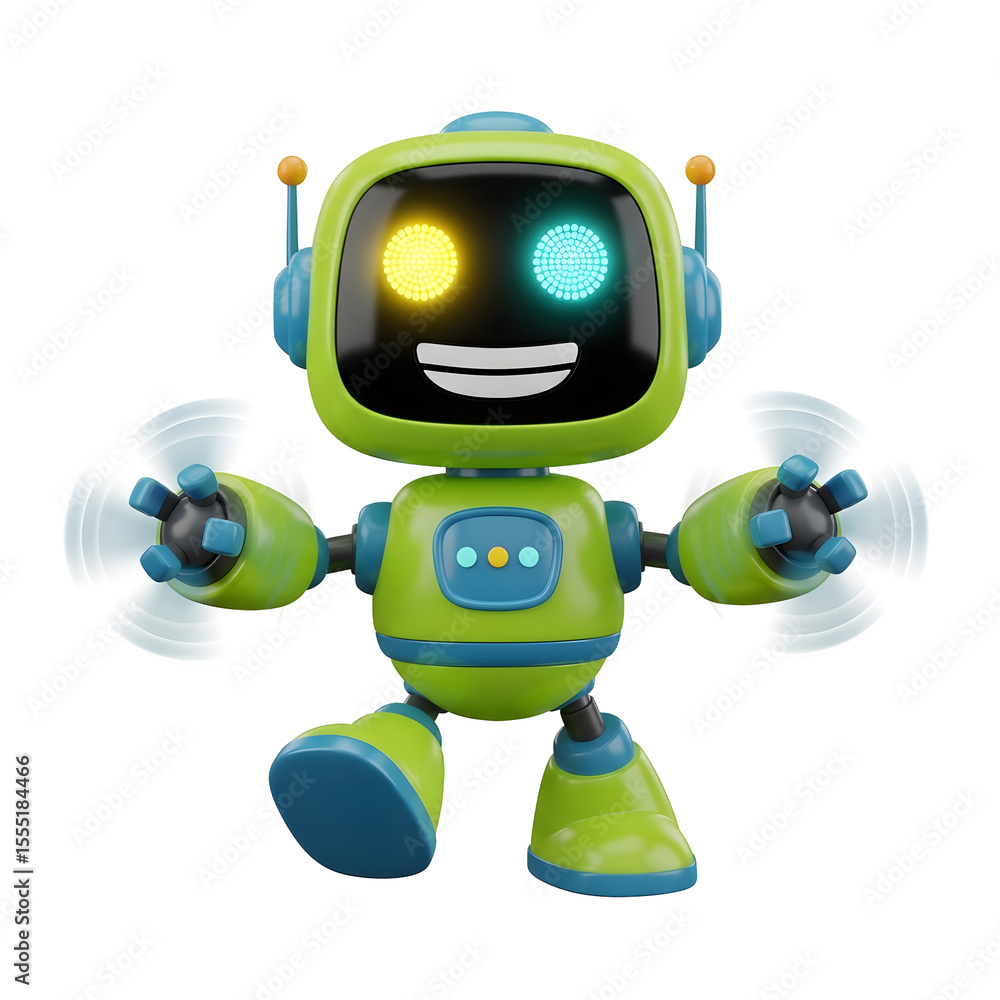 Poster animated robot character in green and blue with glowing eyes and spinning hands on transparent backg