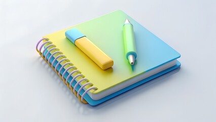 Modern 3d rendering of a colorful notebook with a pen and highlighter on a light background