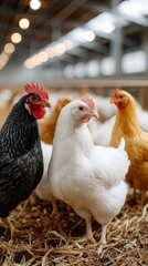 Fototapeta premium Two chickens exhibit serious expressions while surrounded by others in a well-lit farm area, highlighting their unique personalities