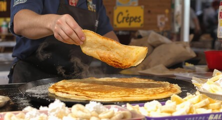 Golden Brown Crepe Being Made on a Hot Griddle