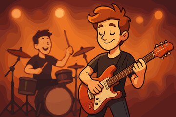 Fototapeta premium Cartoon illustration of guitarist and drummer performing live on stage. Happy musicians playing rock music, band concert show at nightclub. Vector graphic design.