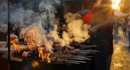 Grilled food at a street food stall smoky flames sunset background