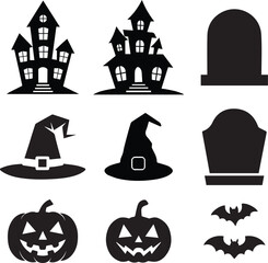 Halloween silhouette vector set with haunted house, bats, pumpkin and hat.