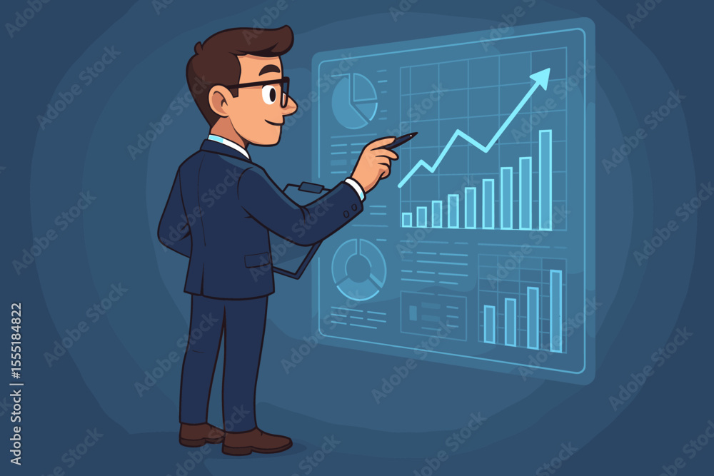Poster professional businessman analyzing financial data charts and graphs on a futuristic digital display.