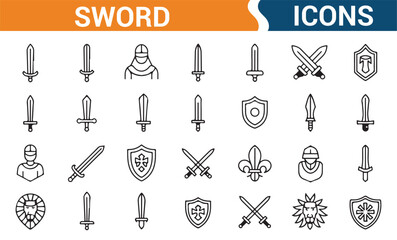 Set of vector icons featuring knights, swords, and battle gear for use in gaming and fantasy projects.
