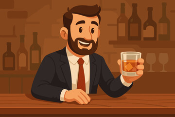Smiling businessman in suit holding glass of whiskey with ice cubes at wooden bar counter, happy man enjoying alcoholic drink, cartoon vector illustration for nightlife and celebration