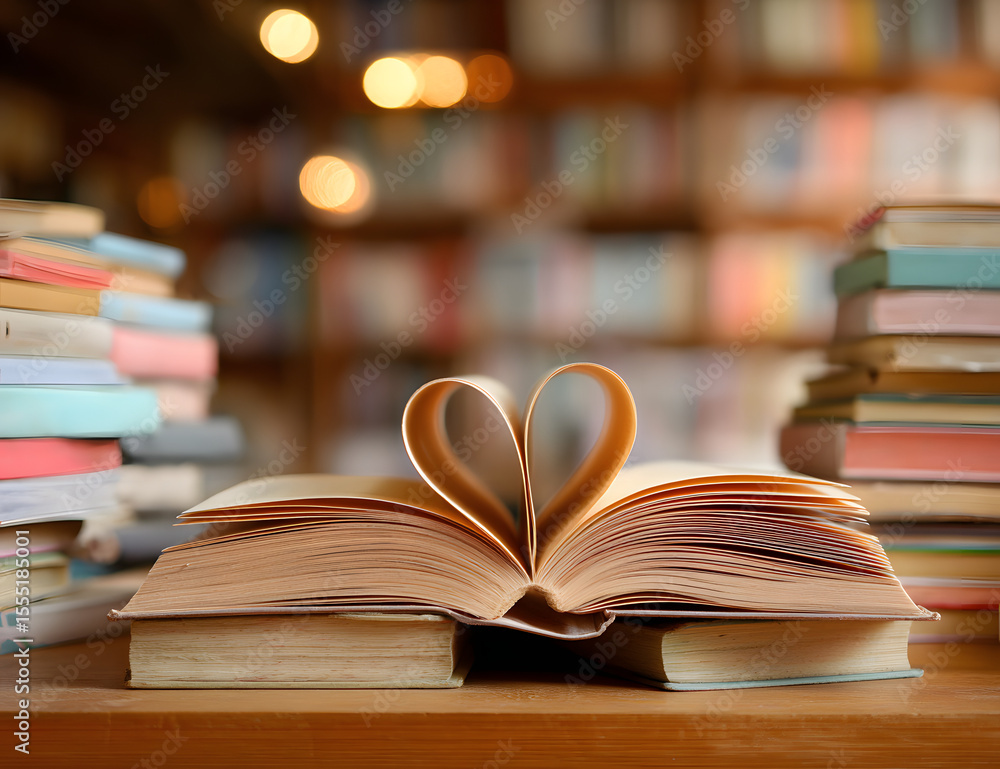 Poster love story book with open page of literature in heart shape and stack piles of textbooks on reading 