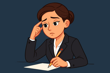 Worried businesswoman thinking hard about a difficult problem. Stressed female manager feeling anxious at her desk. Concept of writer's block, decision making, concentration, work pressure.