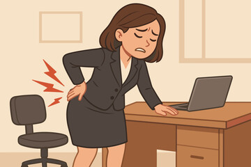 Office syndrome concept. Businesswoman with backache from long sitting at desk. Employee suffering acute lower back pain. Health problem at workplace vector cartoon illustration.