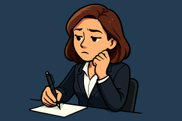 Thoughtful businesswoman writing notes on paper with pensive expression, professional woman in suit, office work, planning, decision making, vector cartoon illustration on navy background