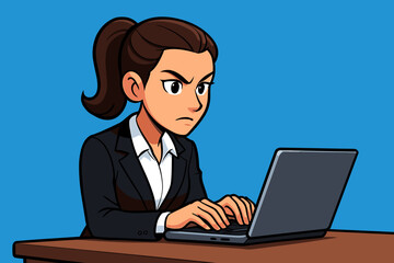 Professional businesswoman working on laptop at office desk. Cartoon vector illustration of female executive in suit typing on computer. Corporate workplace, productivity, technology, blue background.