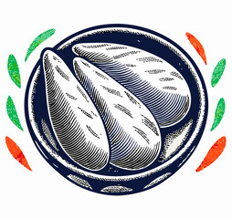 Engraved Illustration of Two Chicken Breasts in a Bowl