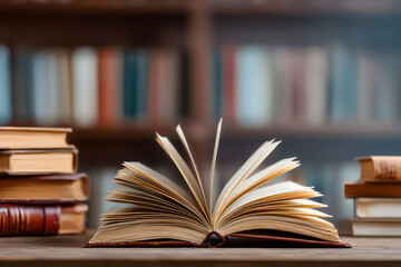 Naklejka premium Book with opened pages and stacked books on reading desk in library. National library, books lovers day or month. Back to school or education learning background. Copy space