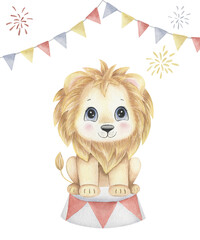 Watercolor illustration of a cute lion cub, made in soft colors. A lion cub sits on a circus pedestal surrounded by colorful flags. This picture can be used in children's themes, for decorating 