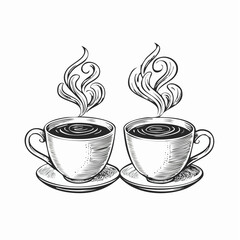 Two Cups Of Hot Steaming Coffee Image Vector Isolated on white background.