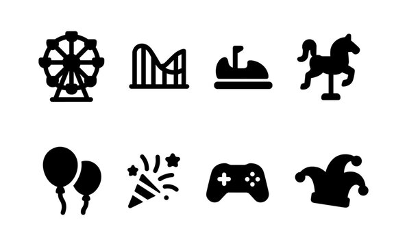 Amusement park icon set: ferris wheel, roller coaster, bumper car, carousel, balloons, celebration, game controller, jester hat