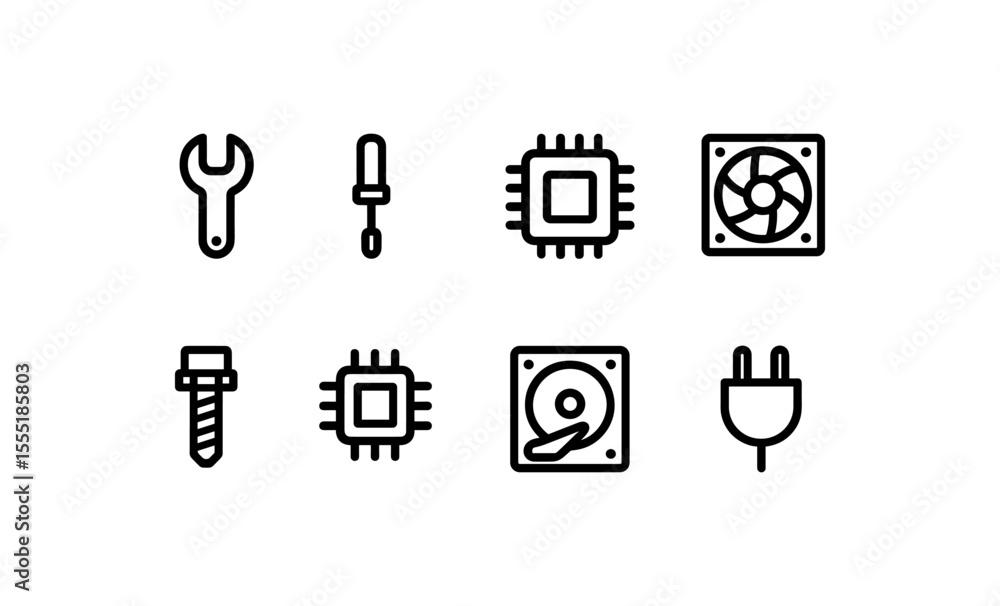 Poster set of minimalist computer hardware icons in black and white outline style