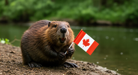 Cute beaver holding a small Canadian flag by a river. Funny patriotic animal celebrating Canada Day. National symbol of Canada.