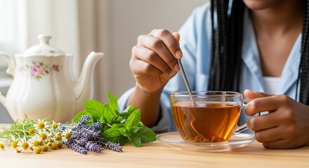 Herbal Tea Relaxation Person Stirring Cup of Tea with Flowers and Herbs