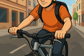 Young cyclist riding bicycle on city street, close-up hands on handlebars, urban commuting, active transportation, safety helmet, backpack, healthy lifestyle, vector cartoon illustration