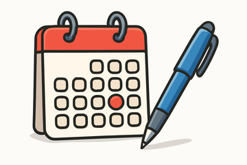 Cartoon calendar page with marked date and blue ballpoint pen. Vector illustration for planning, schedule, reminder, appointment, organization, deadline, event management, time management concept