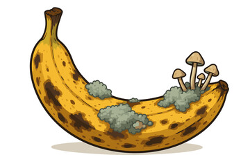 Overripe banana with mold and mushrooms growing, decaying fruit, spoiled food, fungus infestation, unhealthy produce, food spoilage concept, isolated vector cartoon illustration