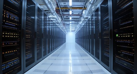 Hightech data center server room interior corridor perspective view