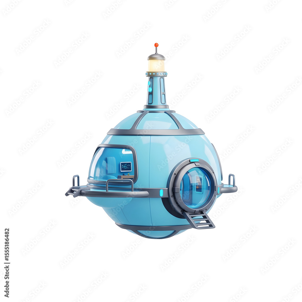 Poster a stylized blue submarine-like structure with a transparent cabin featuring round windows small towe