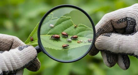 Magnifying Glass Showing Insects on a Leaf Close Up